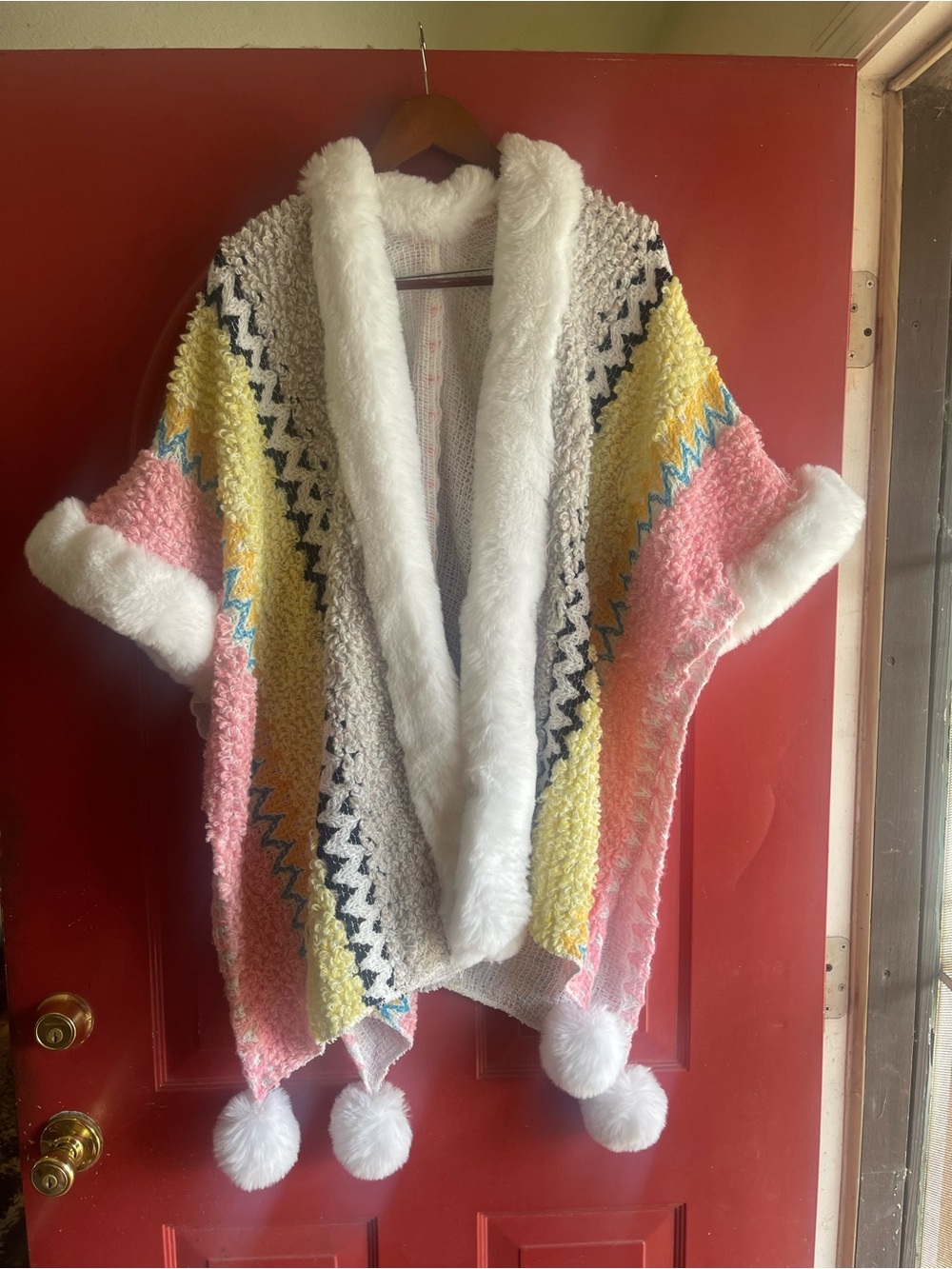 Cozy Multi-Color Faux Fur Trim Knit Sweater Poncho - Pink & Yellow
